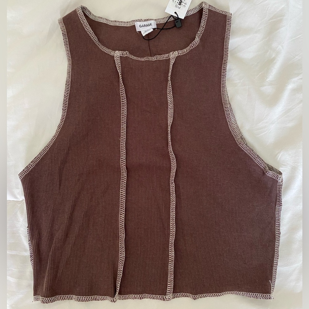 Garage brown cropped tank top with contrast stitching.  NWT size Small.
